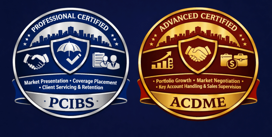 Certification badges on blue background